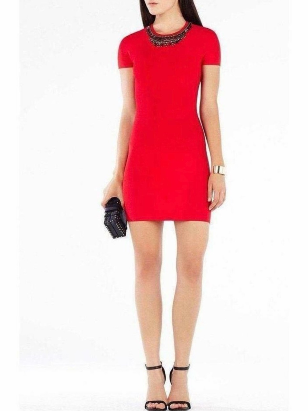 BCBG Red Short Sleeve Embellished Neck Mini Dress